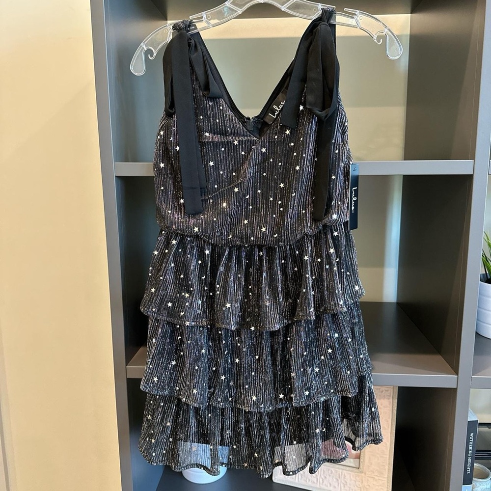 Lulus stars and moon sparkle dress, and adjustable tie straps. NWT!!!